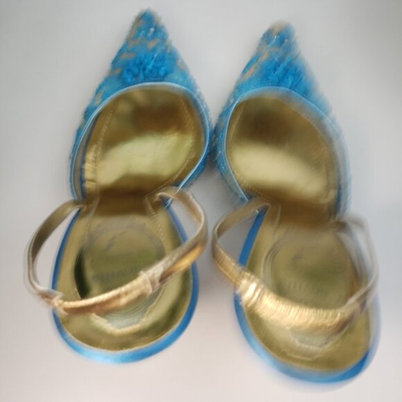 Rene Caovilla Tan w Turquoise Stones Heel Sling sz 8.5 / 39 - Picture 11 of 15